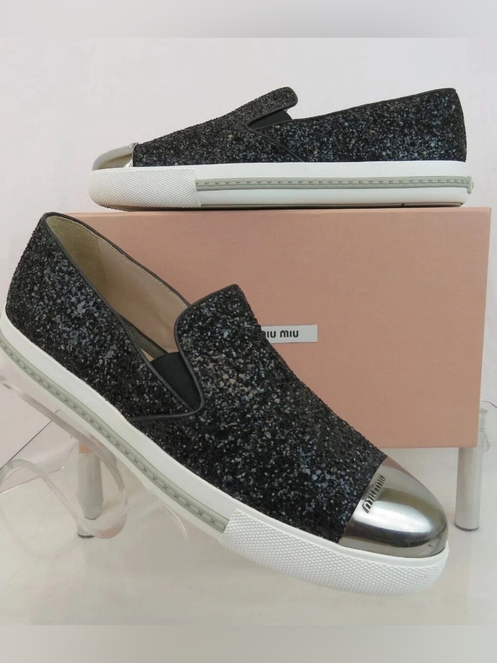 Miu Miu Glitter Slip-On Sneakers Black Silver Cap Toe Size 36 w/ Box